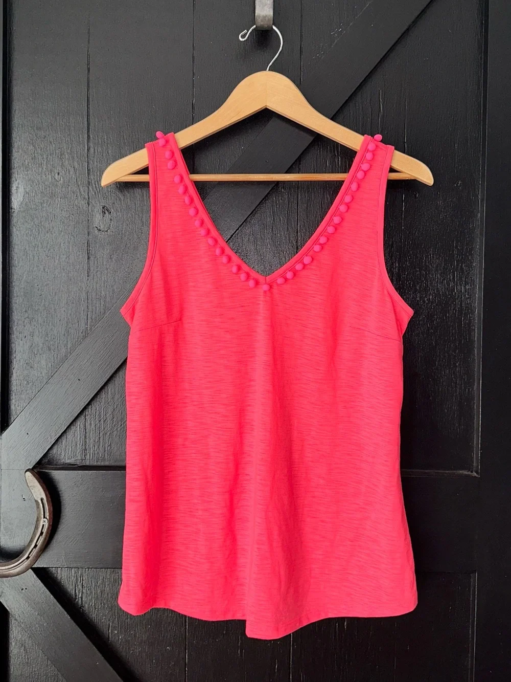 Lilly Pulitzer Hot Pink Gigi Pom Pom V-Neck Cotton Slub Knit Tank M - Picture 1 of 7